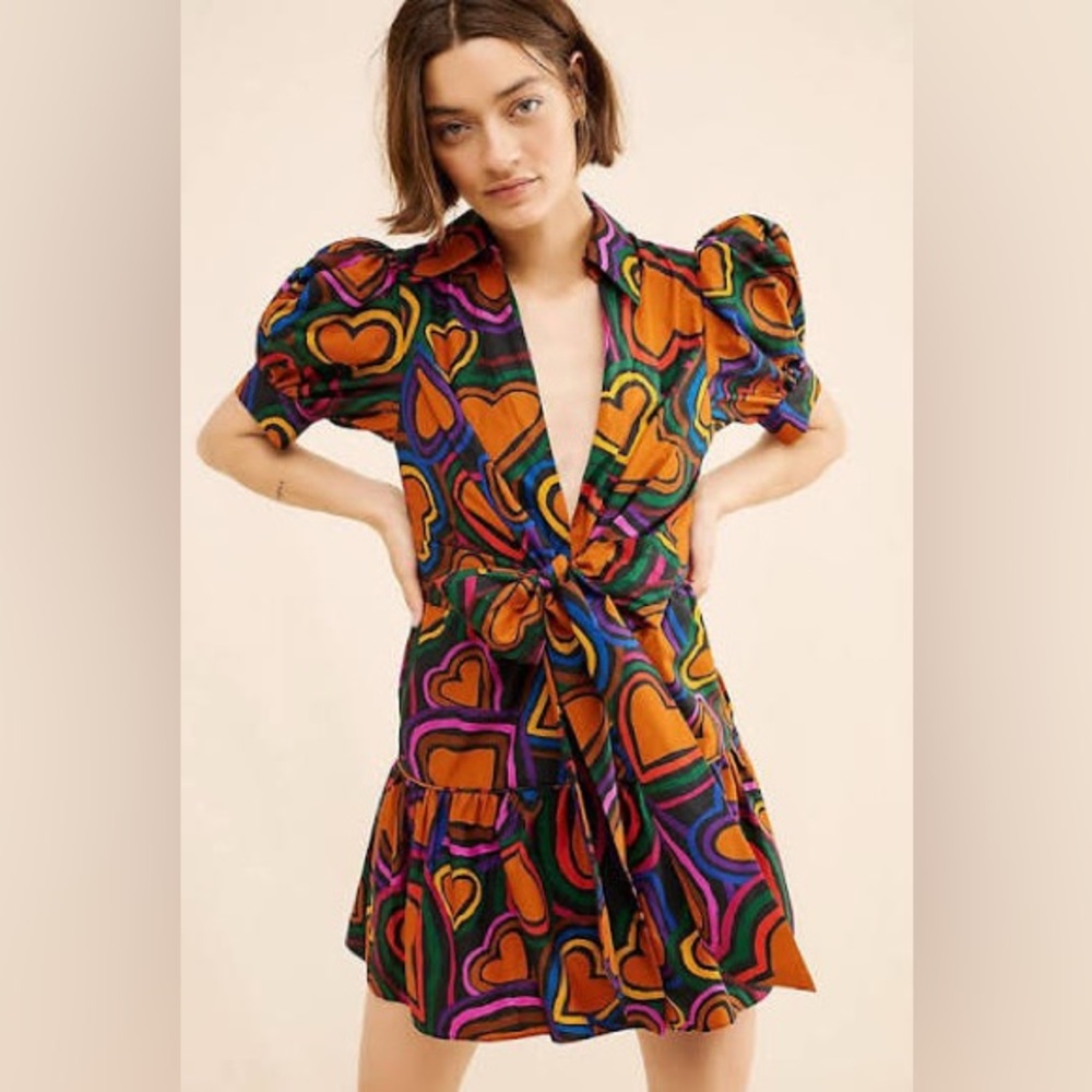 Farm Rio Short Sleeve Bow Front Heart Print Multicolor Mini Dress SMALL